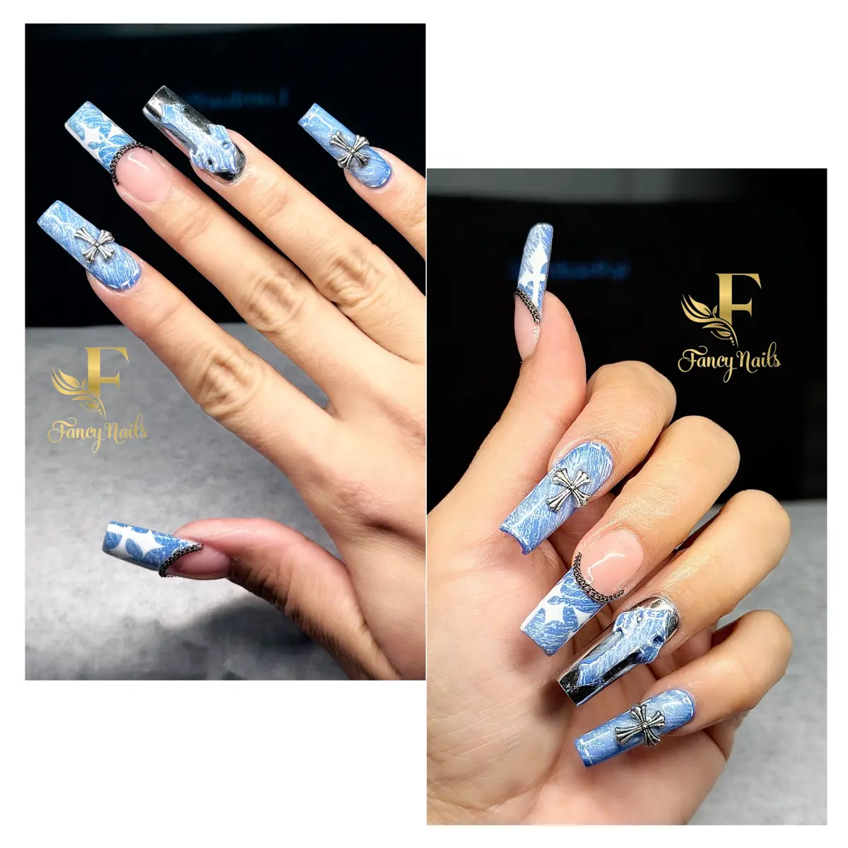 Blue denim and white long square nail art with silver charms